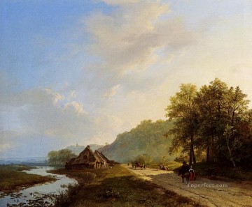  Path Oil Painting - A Summer Landscape With Travellers On A Path Dutch Barend Cornelis Koekkoek